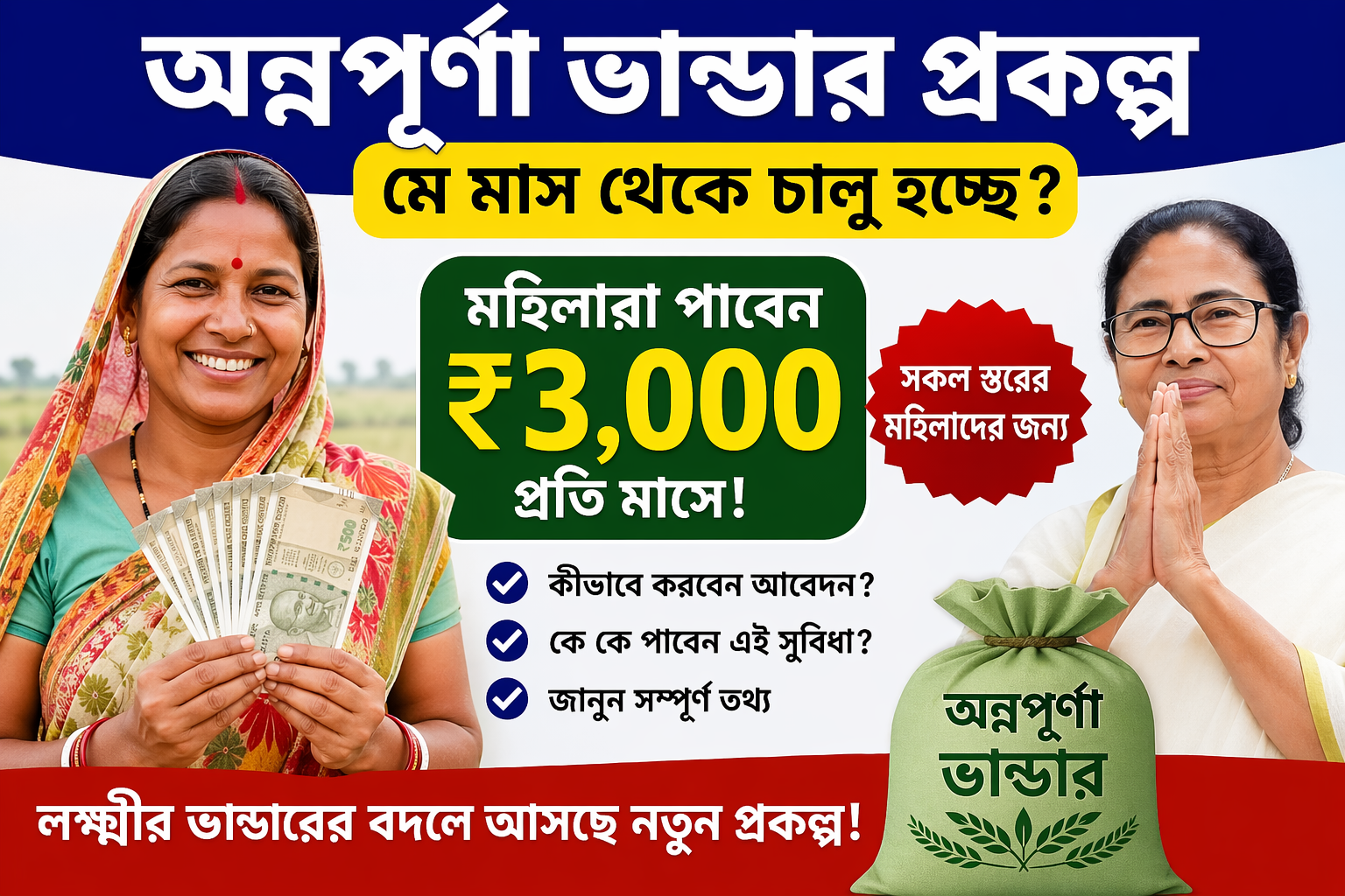 মাসে ৩০০০ টাকা অন্নপূর্ণা ভাণ্ডার প্রকল্প